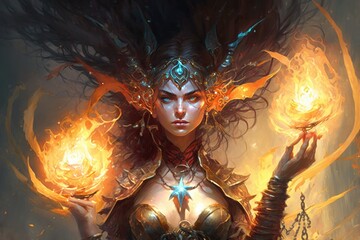 A sorceress with eyes of brilliant bronze, summoning flashes of bronze energy to strike her foes. Digital art painting, Fantasy art, Wallpaper. Generative ai.