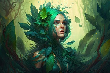 A sorceress with emerald green hair, creating illusions of green plants and nature. Digital art painting, Fantasy art, Wallpaper. Generative ai