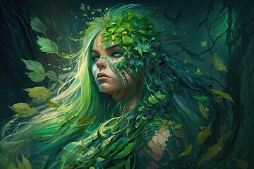 A sorceress with emerald green hair, creating illusions of green plants and nature. Digital art painting, Fantasy art, Wallpaper. Generative ai.