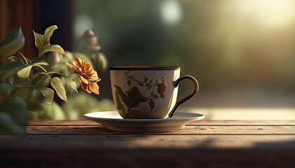 Coffee in cup on wooden table with flowers in spring season, calm and relax coffee, hot beverage, Morning drinks with Generative AI.