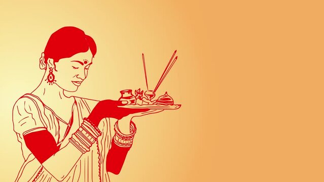 line art illustration of indian woman doing worship with puja thali and incense sticks, woman doing durga puja