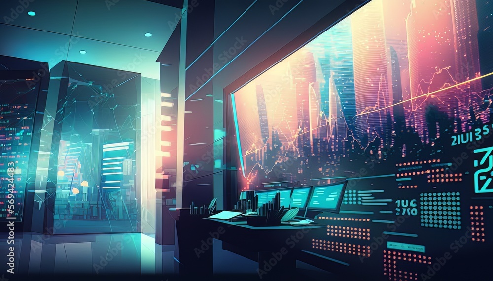Aufkleber Bigdata center computer system display interior background. Business man trader company. Generative AI technology.