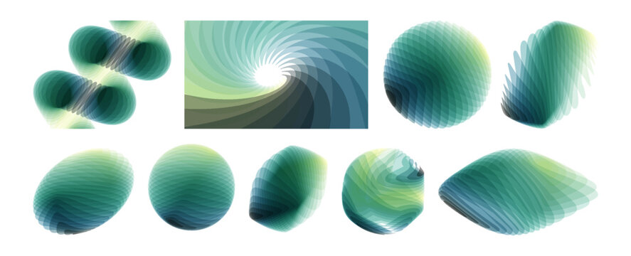 Set of sphere, oval, spiral and other forms. Abstract wavy background with dynamic effect. Rotation and swirling movement. Illustration made of various overlapping elements. Design for cover.