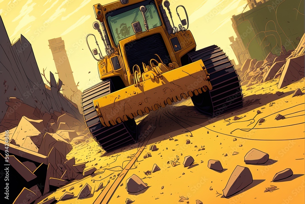 Poster image of a bulldozer and rails being used to build something on unused ground. generative ai