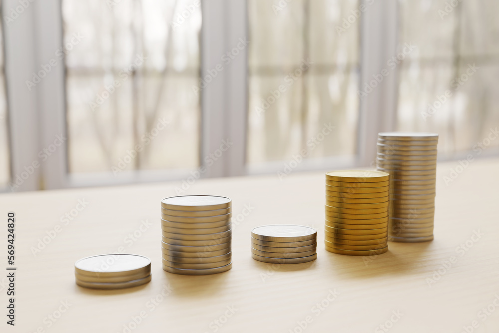 Poster a pile of multiple coins background, 3d rendering