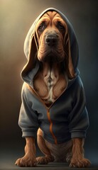 Photo Shoot of Cool, Cute and Adorable Humanoid Bloodhound Dog in Stylish Sportswear:A Unique Athletic Animal in Action with Comfortable Activewear and Gym Clothes like Men, Women, and Kids - obrazy, fototapety, plakaty