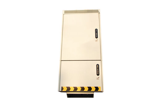 Temporary old electrical distribution electric control box business installed outside. Main substation, Clipping path, Breaker, power button to distribute electricity supply. Isolated on cutout PNG.