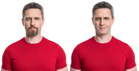 collage before and after. man face shaven comparison before and after isolated on white.