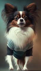 Photo Shoot of Cool, Cute and Adorable Humanoid Papillon Dog in Stylish Sportswear:A Unique Athletic Animal in Action with Comfortable Activewear and Gym Clothes like Men, Women, and Kids