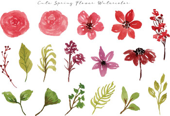 set of red spring flower and leaf watercolor	