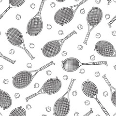 Tennis racket doodle seamless pattern. Cartoon illustration vector illustration background. For print, textile, web, home decor, fashion, surface, graphic design