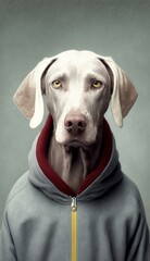 Photo Shoot of Cool, Cute and Adorable Humanoid Weimaraner Dog in Stylish Sportswear:A Unique Athletic Animal in Action with Comfortable Activewear and Gym Clothes like Men, Women, and Kids