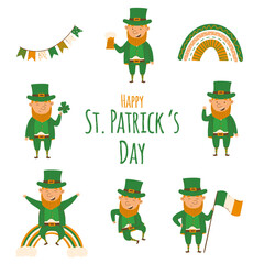 St. Patrick's Day set of happy leprechauns in a flat minimalistic style. Vector Illustrations. Cheerful man character. Beer, shamrock, rainbow, Irish flag. For design and stickers