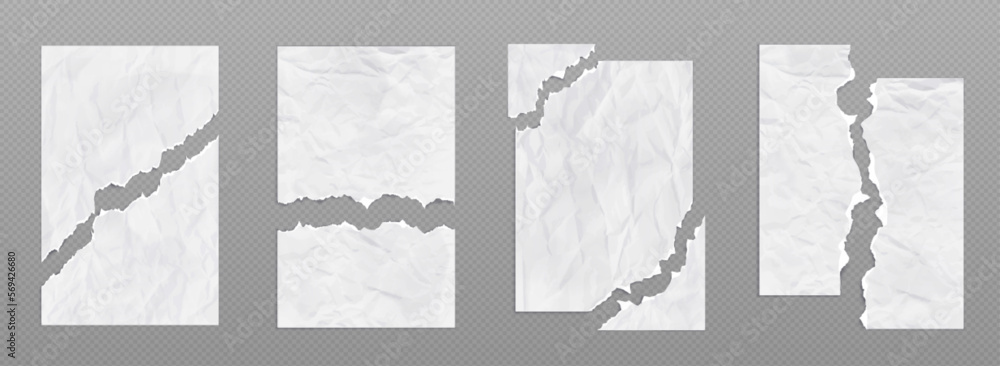 Poster crumpled torn paper sheets with uneven edges. ragged blank pages with wrinkles and ripped borders, e