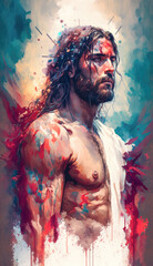 Jesus Christ portrait Watercolor paint art. Generative AI