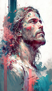 Jesus Christ portrait Watercolor paint art. Generative AI