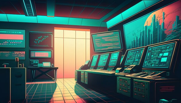 Futuristic retro 80s stock market computer system display interior background. Generative AI technology.