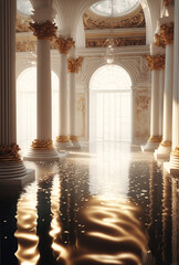 huge white pillared hall flooded with water