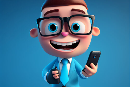 3d cartoon character cute smiling businessman boy with holding using smart phone on blue background, image ai midjourney generated