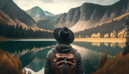 Tourist backpacker with a backpack looking at the beautiful view of the lake and mountains. Concept of travel and tourism, generative ai - obrazy, fototapety, plakaty