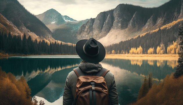 Tourist backpacker with a backpack looking at the beautiful view of the lake and mountains. Concept of travel and tourism, generative ai