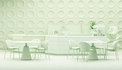Coffee shop. Restaurant design. Modern and Minimal, green counter and white gloss beige background  ,Wall back counter pastel blue decor. 3d render
