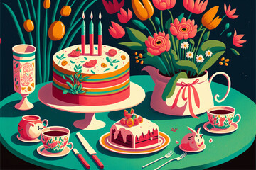 birthday cake with candles, party feast table, acrylic illustration 