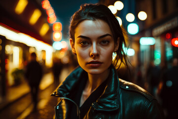 Stylish attractive young woman wearing a leather jacket looking at the camera at night in the street