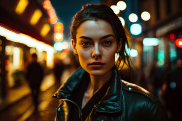 Obraz premium Stylish attractive young woman wearing a leather jacket looking at the camera at night in the street