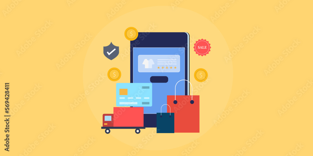Poster mobile ecommerce application purchase using digital payment system, online order and delivery secure