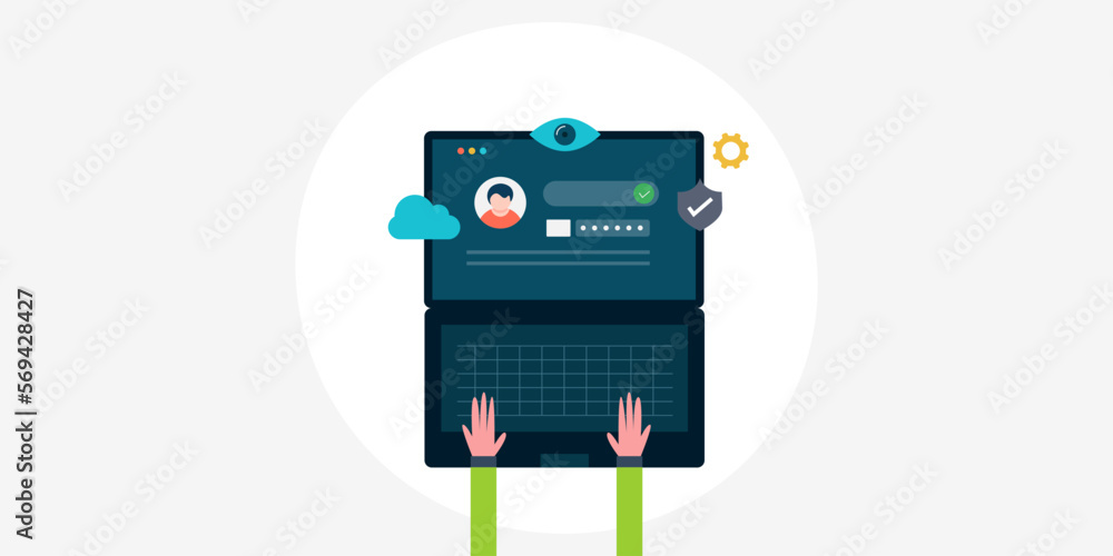 Poster secure internet access, person login with password with laptop, cyber security online cloud data pro