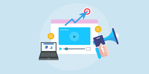 Fototapeta premium Video advertising displays on webpage, marketing data analytics on laptop screen and hand holding speaker. Targeting audience with video ads concept.