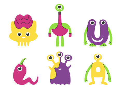 Set of cute aliens. Fictional characters in cartoon style.