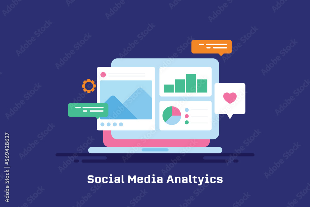 Canvas Prints social media post and graph analytics data insight information on laptop screen vector illustration 