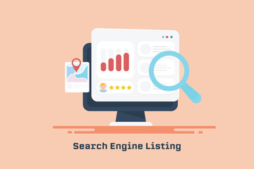 Obraz premium Business listing on search engine page customer review, map pointer location local SEO optimization concept on pc screen, vector banner.