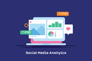 Social media post and graph analytics data insight information on laptop screen vector illustration concept.