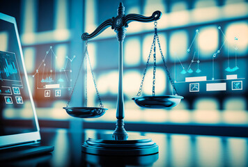 Balanced image of justice in a digital world of business and international trade. Ideal for lawyers and in-house counsel. Generative AI