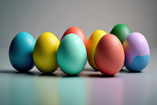 Colorful easter eggs on neutral background with copy space, generative ai iluustration