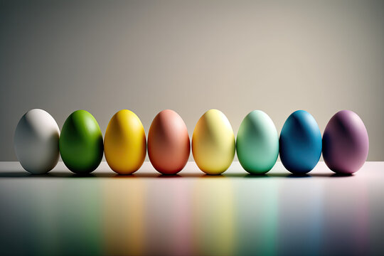 A row of painted easter eggs, generative ai illustration on neutral background