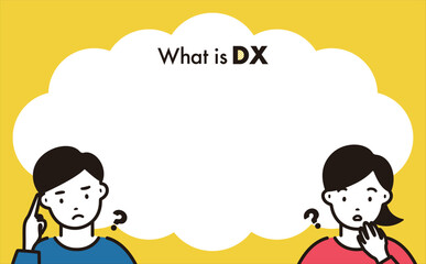 Naklejka premium 困る男女の人物イラストとシンプルな雲形のコピースペースのあるDX(デジタルトランスフォーメーション)の吹き出しフレーム_ベクター素材
