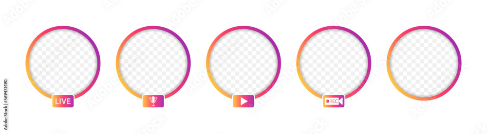 Poster social media icons for live, avatar, story and stream. ui gradient circles with frame for video and 