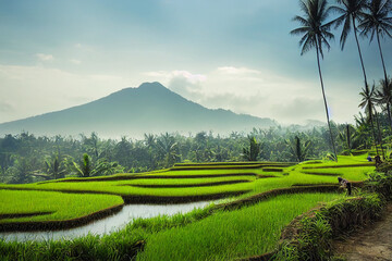 Fototapeta na wymiar Wallpaper background of balinese rice terrace. Generative ai