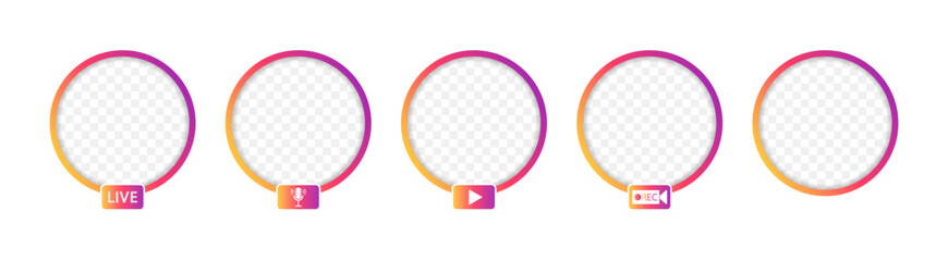 Social media icons for live, avatar, story and stream. UI gradient circles with frame for video and broadcast. Modern design round logos for user isolated on white background. Vector