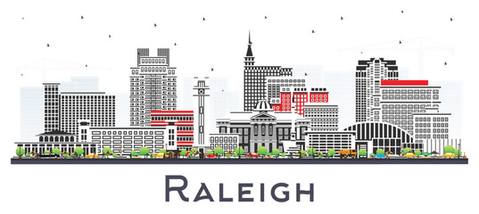 Obraz premium Raleigh North Carolina City Skyline with Color Buildings Isolated on White. Vector Illustration. Raleigh Cityscape with Landmarks.