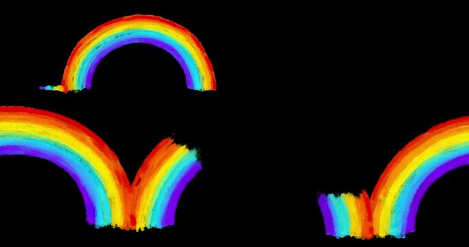 Many rainbows drawing moving from left to right on black background. Hand drawn in out cute crayons texture animation. Crazy doodle cartoon style frame by frame classic old style animation.