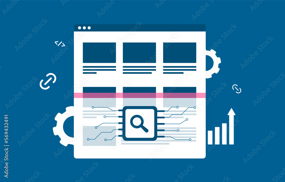 Poster search engine crawler bot scanning web page to index its content, looking for changes and updates. d