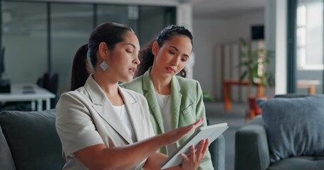 Tablet, business lounge collaboration or women review financial portfolio, stock market feedback or investment. Finance economy, forex account management team or trader trading NFT, bitcoin or crypto - Powered by Adobe