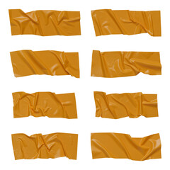 Yellow wrinkled adhesive tape isolated on white background. Yellow Sticky scotch tape of different sizes.