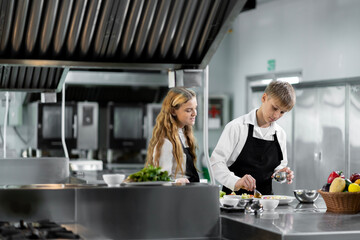 Students are learning to cook in a culinary institute with a standard kitchen and complete...