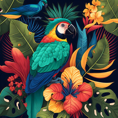 Obraz premium A Colorful Painting of Birds Surrounded by Exotic Flora